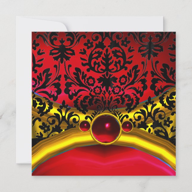 GOLD RED BLACK DAMASK RUBY GEM STONE  MONOGRAM INVITATION (Front)