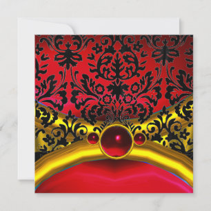 GOLD RED BLACK DAMASK RUBY GEM STONE MONOGRAM INVITATION