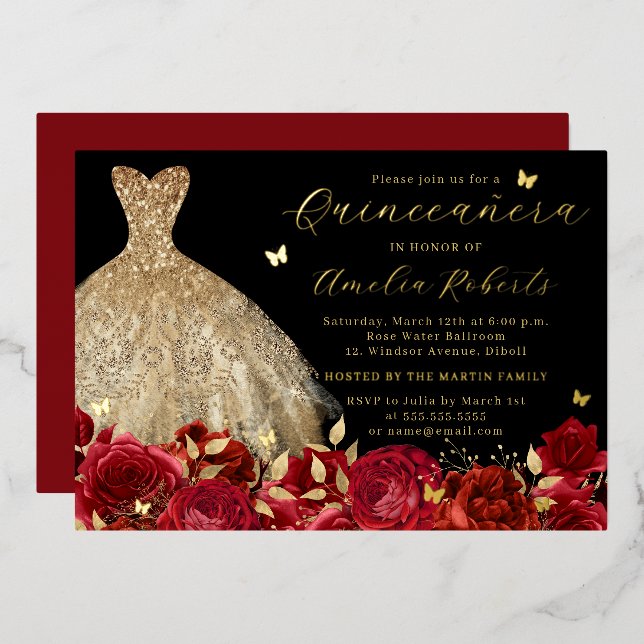 Gold Red Black Dress Butterfly Elegant Floral Foil Invitation (Front/Back)