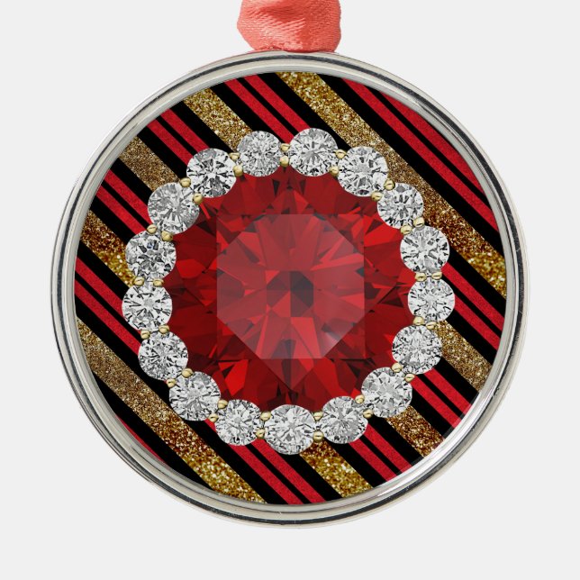 Gold Red & Black Faux Glitter Ruby & Diamonds Metal Ornament (Front)