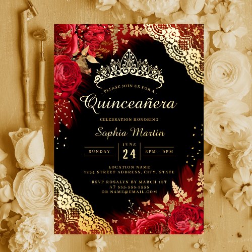 Gold Red Black Floral Lace Quinceanera  Foil Invitation