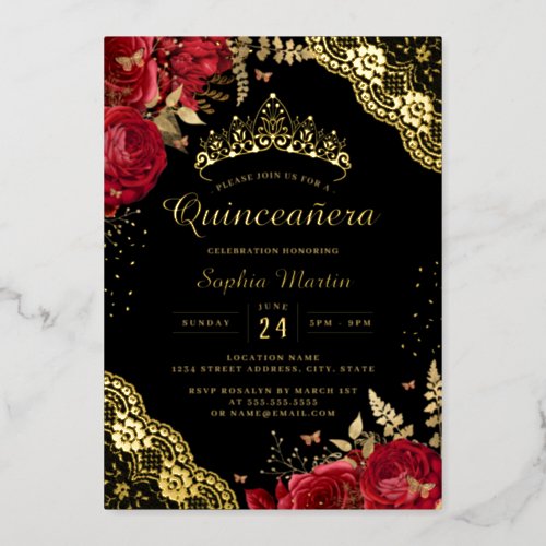 Gold Red Black Floral Lace Quinceanera  Foil Invitation