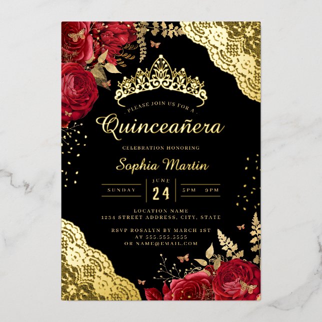 Gold Red Black Floral Lace Quinceanera  Foil Invitation (Front)