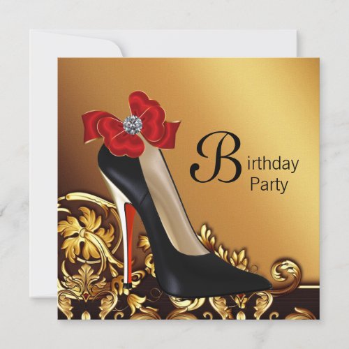 Gold Red Black High Heel Shoe Birthday Party Invitation