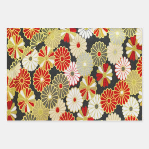 Gold Red Black Japanese Kimono Floral Decoupage Wrapping Paper Sheets