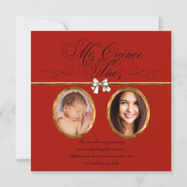 Gold Red Black Photo Quinceanera Invitations (Front)