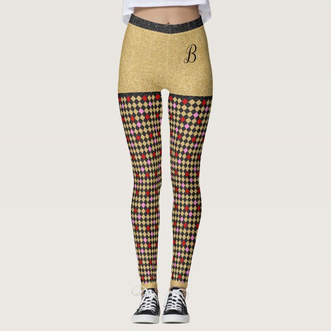 Gold Red Black Pink Glitter Checkered Girly Chic Leggings (Front)