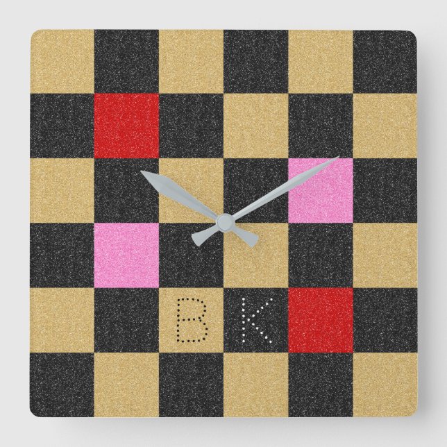 Gold Red Black Pink Glitter Checkered Unique Chic Square Wall Clock (Front)