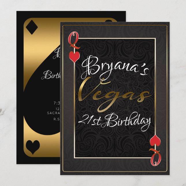 Gold Red Black Queen of Hearts Vegas 21st Birthday Invitation (Front/Back)
