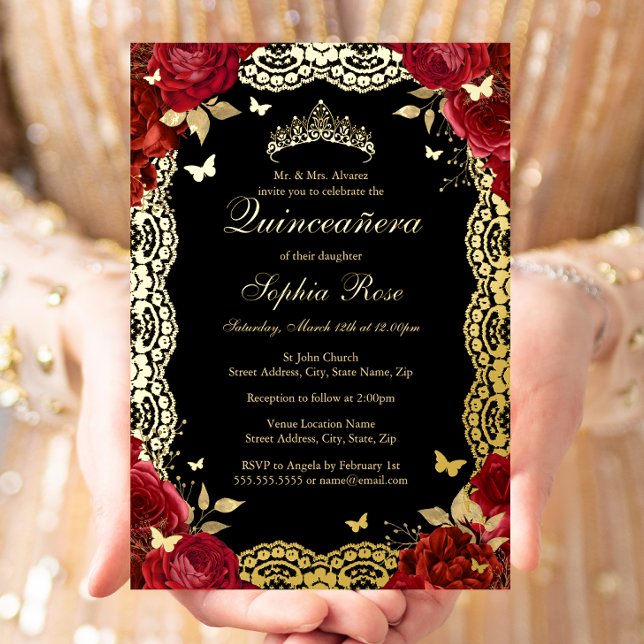 Gold Red Black Rose Lace Quinceanera Birthday  Foil Invitation (Creator Uploaded)