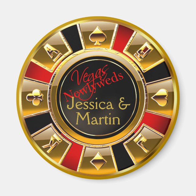 Gold, Red & Black Vegas Casino Chip Favor Magnet (Front)