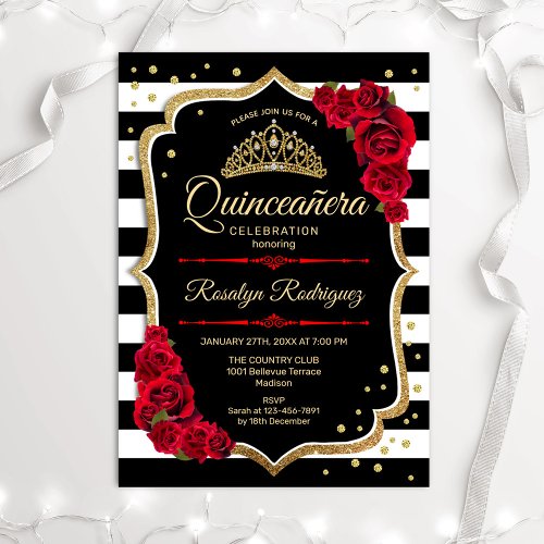 Gold Red Black White Stripes Quinceanera Invitation