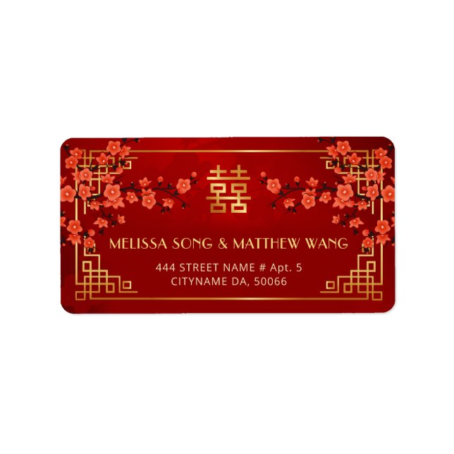 Gold Red Blossoms Chinese Wedding Label (Front)