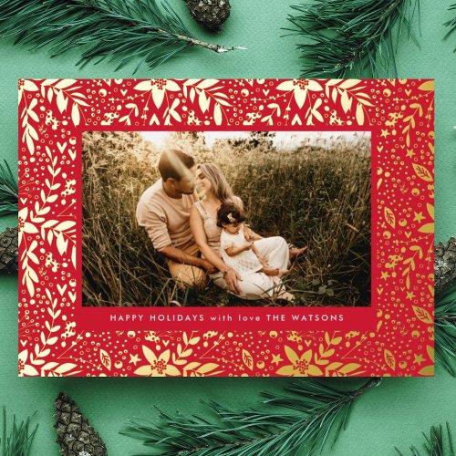 Gold  Red Botanical Floral Frame Photo Happy Foil Holiday Card