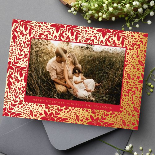 Gold RED Botanical Floral Frame Photo Happy Foil Holiday Card