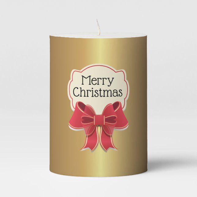Gold & Red Bow Christmas 3" x 4" Pillar Candle (Front)