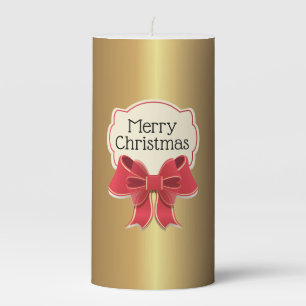 Gold & Red Bow Christmas Pillar Candle