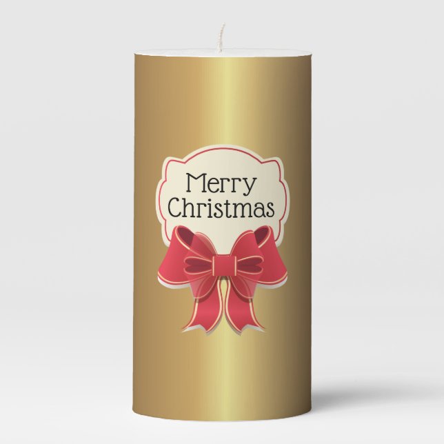Gold & Red Bow Christmas Pillar Candle (Front)