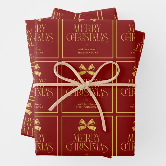 Gold & Red Bow Custom Family Name Christmas Wrapping Paper Sheets (In situ)