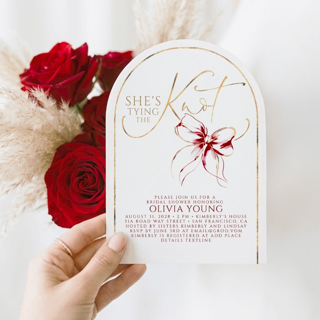 Gold Red Bow She's Tying The Knot Bridal Shower Invitation (Elegant Script Romantic Red Bow Bridal Shower Invitations)