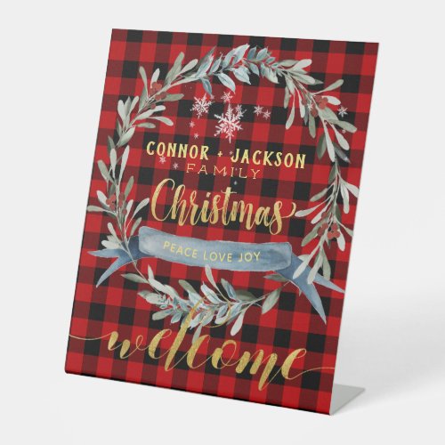 Gold  Red Buffalo Plaid Family Christmas Welcome Pedestal Sign