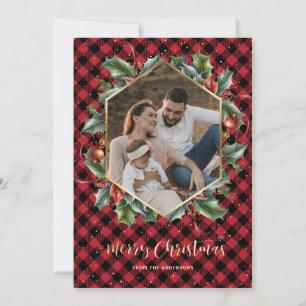 Gold Red Buffalo Plaid Photo Christmas Cards