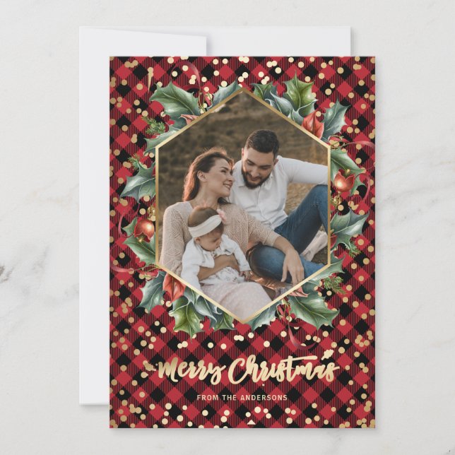 Gold Red Buffalo Plaid Photo Christmas Cards (Front)