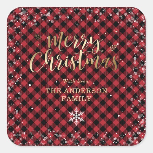 Gold Red Buffalo Plaid Snowflake Christmas Square Sticker