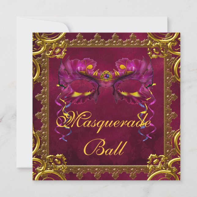 Gold Red Burgundy Maroon Mask Masquerade Ball Invitation (Front)