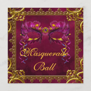 Gold Red Burgundy Maroon Mask Masquerade Ball Invitation
