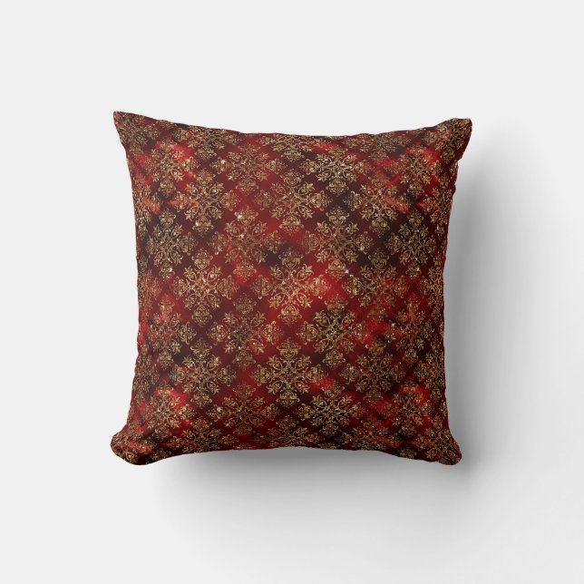 Gold Red Burgundy Metallic Damask Elegant Chic Throw Pillow (Front)