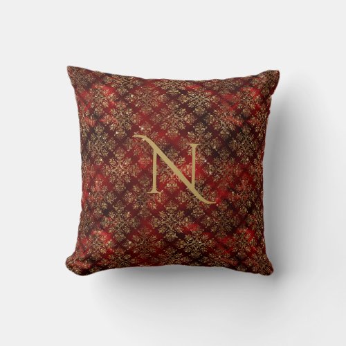 Gold Red Burgundy Monogram Damask Elegant Chic Throw Pillow