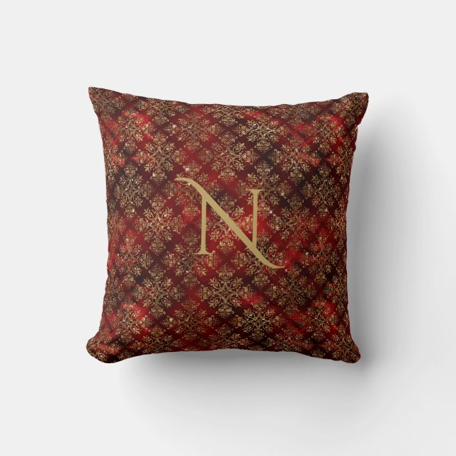 Gold Red Burgundy Monogram Damask Elegant Chic Throw Pillow (Front)