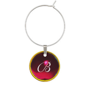 GOLD RED BURGUNDY RUBY GEMSTONE MONOGRAM WINE GLASS CHARM