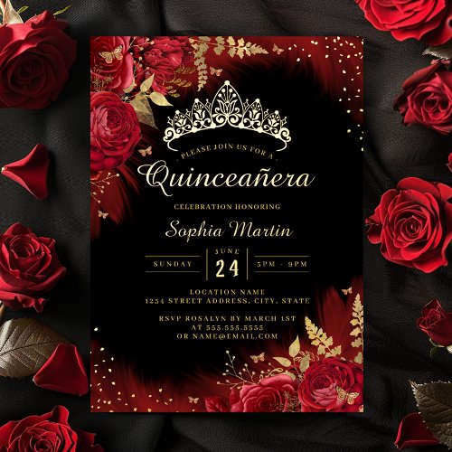 Gold Red Butterfly Floral Photo Quinceanera  Foil Invitation