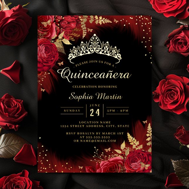 Gold Red Butterfly Floral Photo Quinceanera  Foil Invitation (Creator Uploaded)