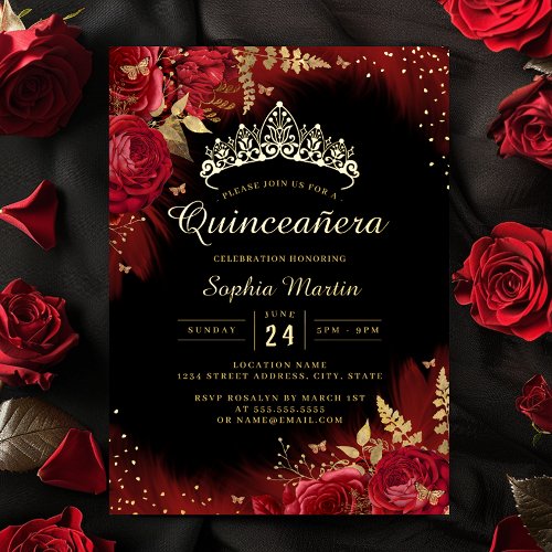 Gold Red Butterfly Floral Quinceanera  Foil Invitation