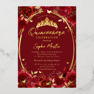 Gold Red Captivating Floral Butterfly Quinceanera Foil Invitation