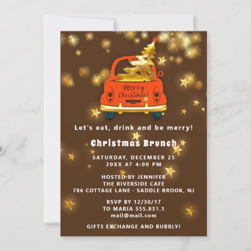 Gold Red Car Merry Christmas Brunch Dinner Brown Invitation