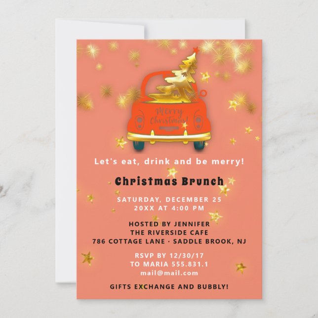 Gold Red Car Merry Christmas Brunch Dinner Coral Invitation (Front)