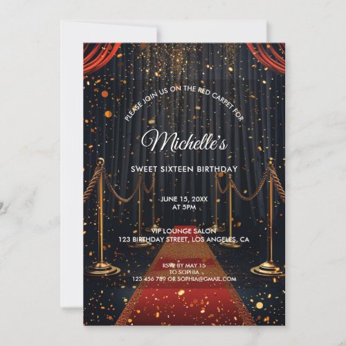 Gold Red Carpet Sweet Sixteen Movie Birthday Party Invitation