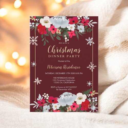 Gold Red Chic floral snowflake Christmas Invitation