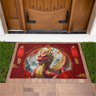 Gold red chinese dragon wish you a Happy new year. Doormat