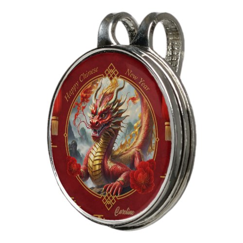 Gold red chinese dragon wish you a Happy new year Golf Hat Clip