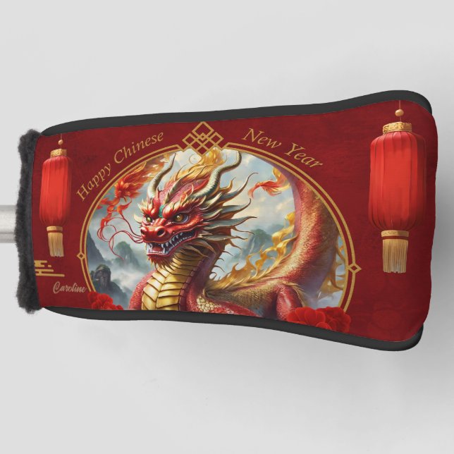 Gold red chinese dragon wish you a Happy new year. Golf Head Cover (Front)