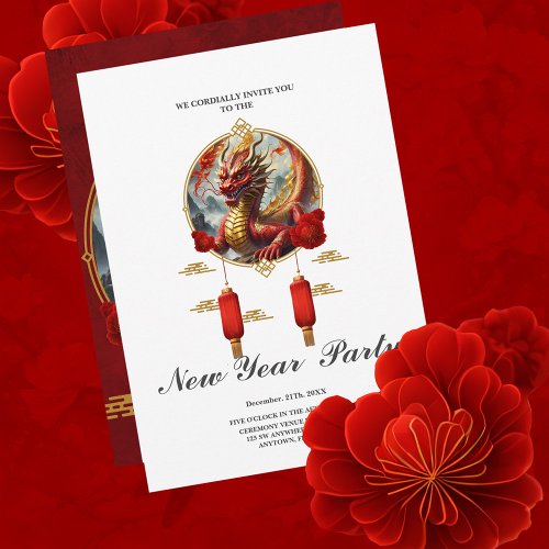 Gold red chinese dragon wish you a Happy new year Invitation