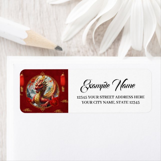 Gold red chinese dragon wish you a Happy new year. Label (Insitu)