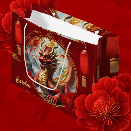 Gold red chinese dragon wish you a Happy new year Large Gift Bag