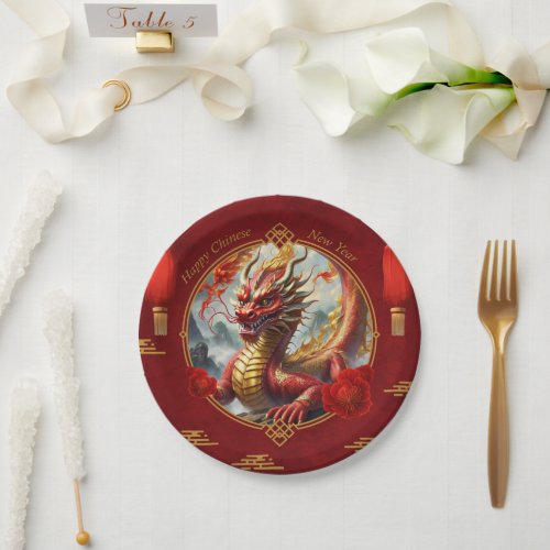 Gold red chinese dragon wish you a Happy new year Paper Plates