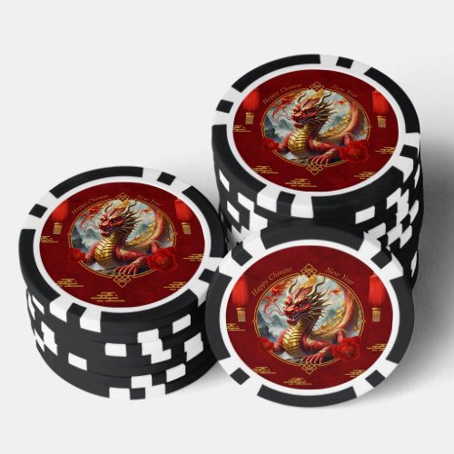 Gold red chinese dragon wish you a Happy new year Poker Chips